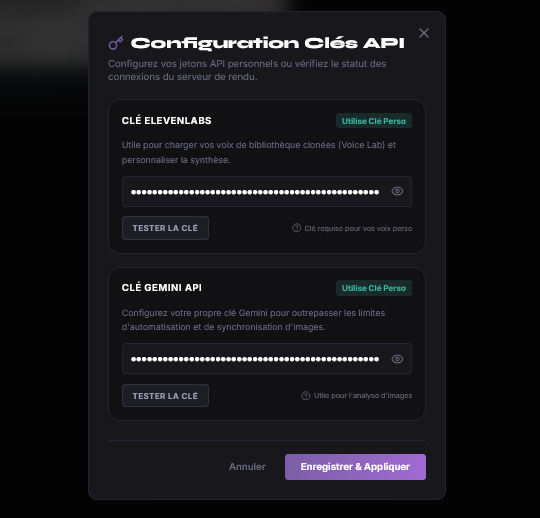 Fenêtre de configuration des clés API