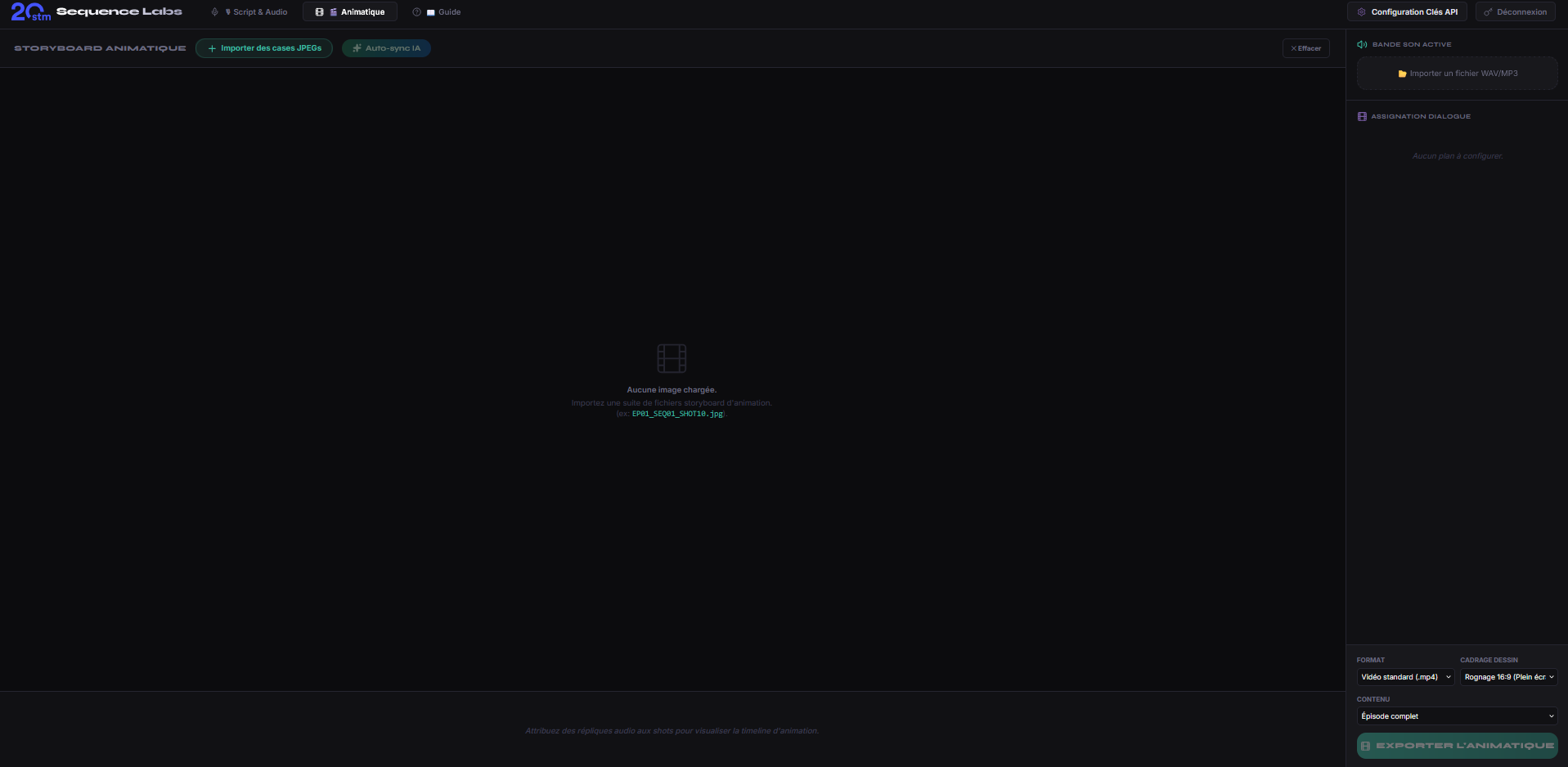 Interface Storyboard vierge de Sequence Labs