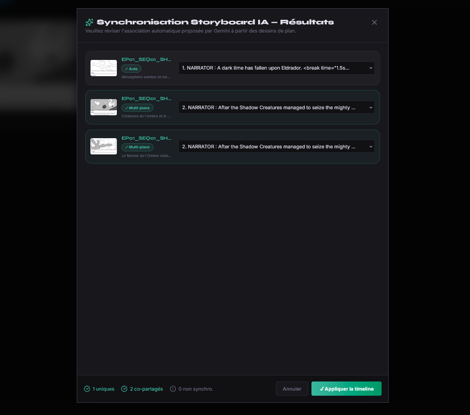 Résultats de la synchronisation IA du storyboard